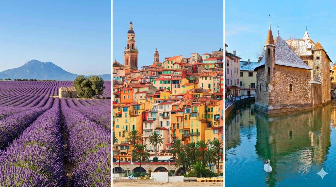Lavender fields, Mediterranean coastal village and alpine castle on a lake